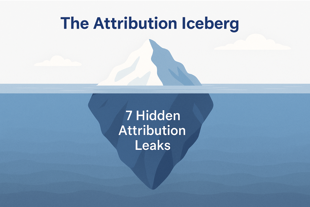 Illustration of an iceberg with hidden GA4 attribution leaks beneath the surface, symbolizing unseen data issues draining ROAS.