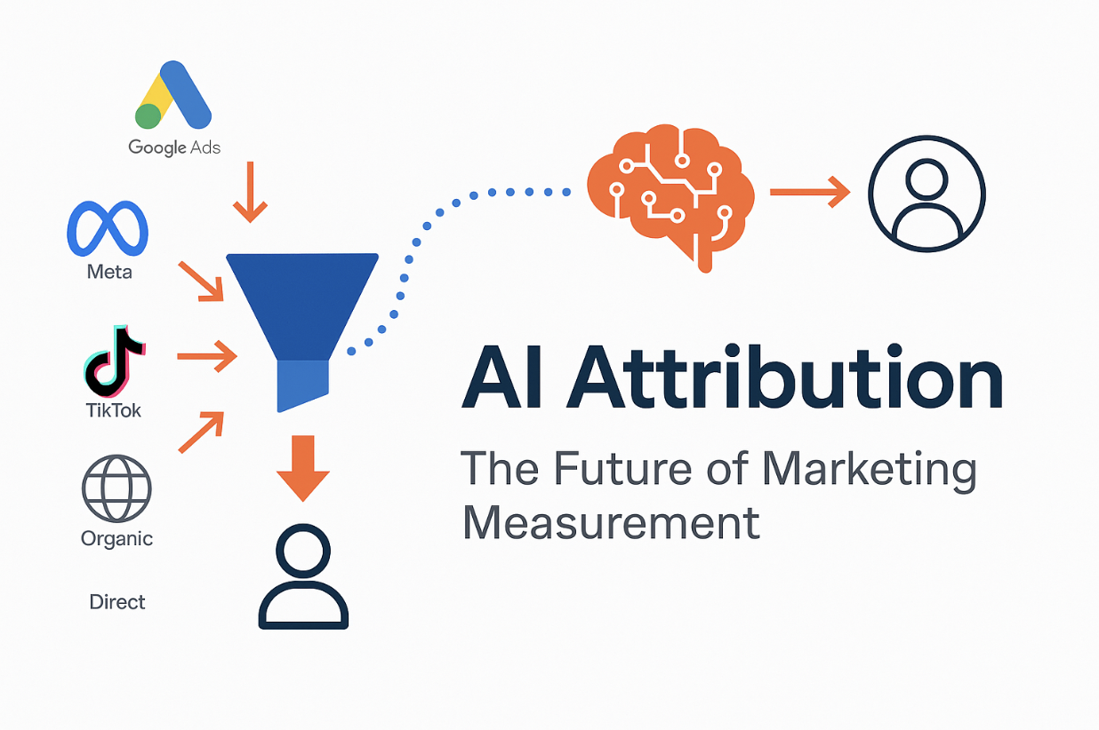 Illustration of AI-powered marketing attribution connecting multiple touchpoints across devices and channels.
