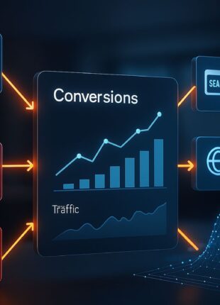 Digital visualization showing AI-driven marketing attribution flow with connected touchpoints and predictive analytics graphs.