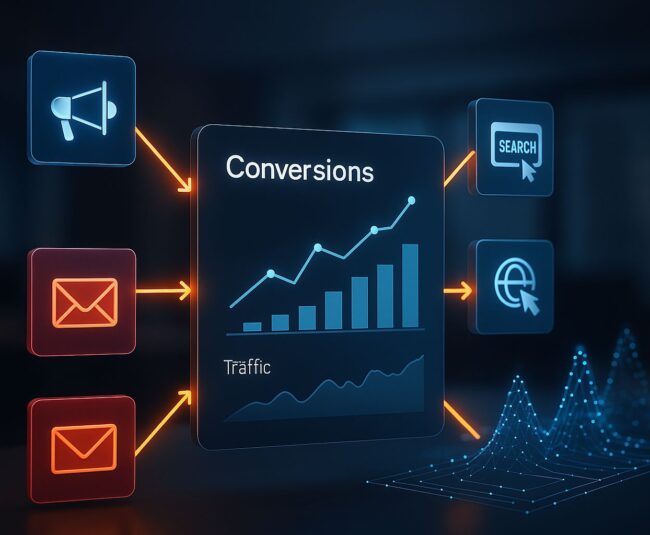 Digital visualization showing AI-driven marketing attribution flow with connected touchpoints and predictive analytics graphs.