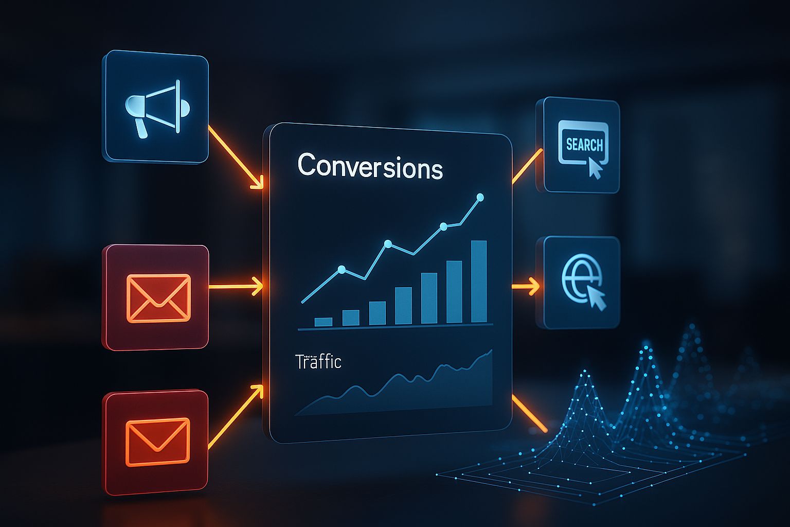 Digital visualization showing AI-driven marketing attribution flow with connected touchpoints and predictive analytics graphs.