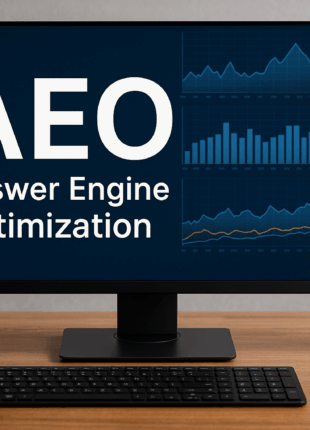 Realistic computer monitor showing “Answer Engine Optimization (AEO)” with analytics charts and ranking graphs, representing AI-driven SEO and data insights in 2026.