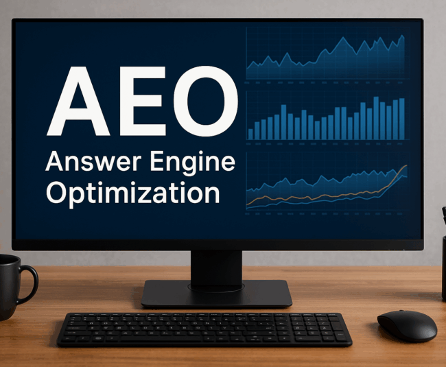 Realistic computer monitor showing “Answer Engine Optimization (AEO)” with analytics charts and ranking graphs, representing AI-driven SEO and data insights in 2026.