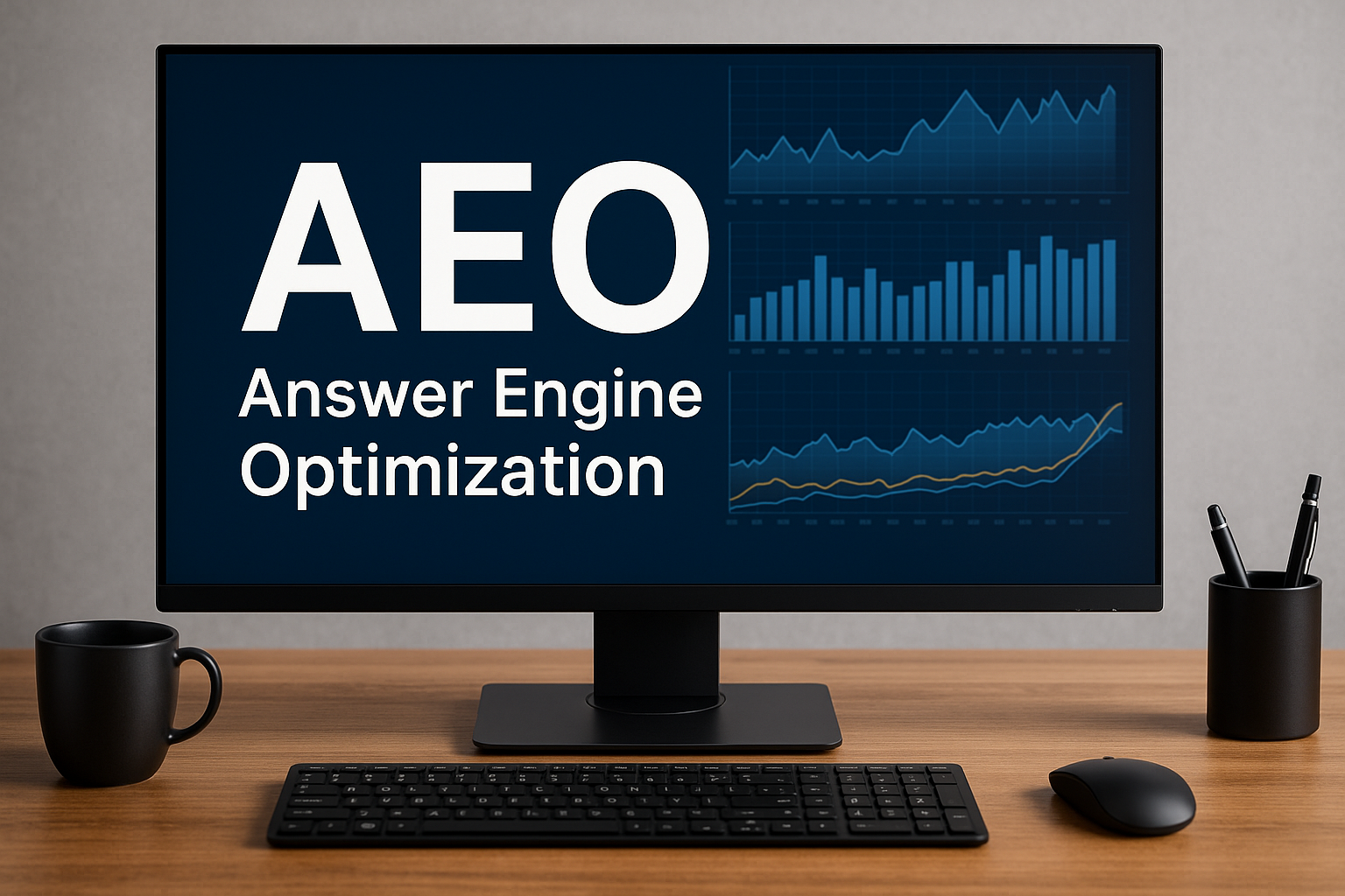 Realistic computer monitor showing “Answer Engine Optimization (AEO)” with analytics charts and ranking graphs, representing AI-driven SEO and data insights in 2026.