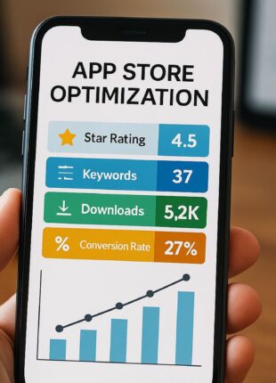 Smartphone showing app store analytics and keyword rankings on a modern desk with laptop dashboards, no people.