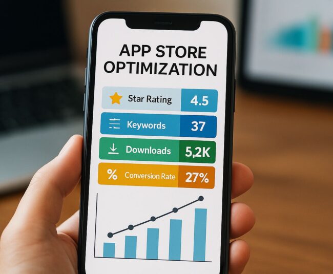 Smartphone showing app store analytics and keyword rankings on a modern desk with laptop dashboards, no people.