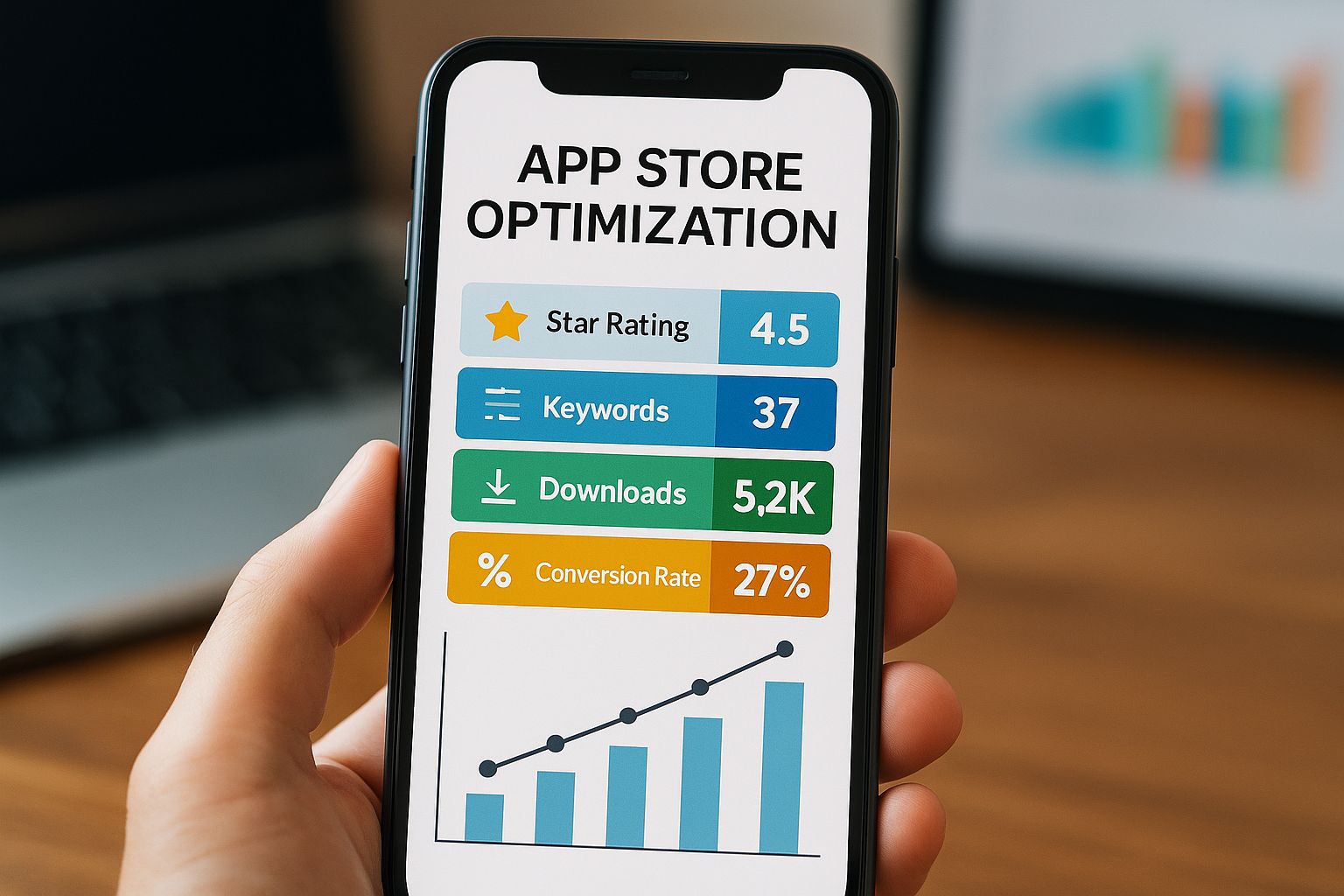 Smartphone showing app store analytics and keyword rankings on a modern desk with laptop dashboards, no people.