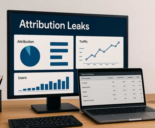 Modern workspace with computer screens displaying GA4 analytics and attribution tracking charts, representing analysis of conversion data accuracy.