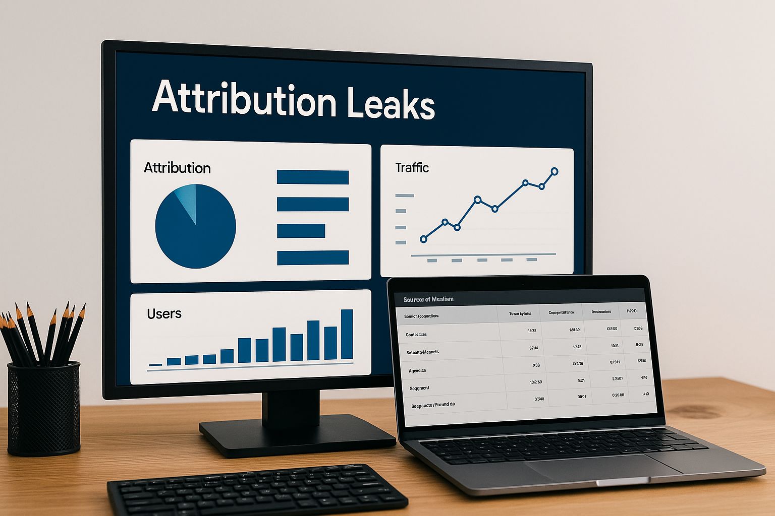 Modern workspace with computer screens displaying GA4 analytics and attribution tracking charts, representing analysis of conversion data accuracy.
