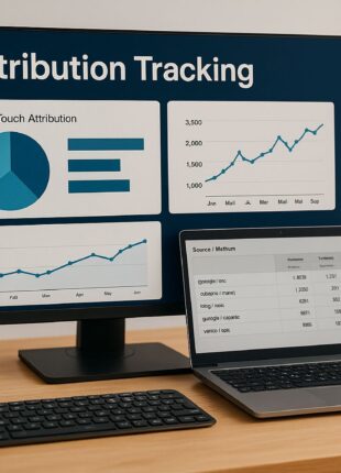 Modern workspace showing analytics dashboards and attribution tracking graphs on a computer screen, representing GA4 and multi-touch marketing data analysis for 2026.