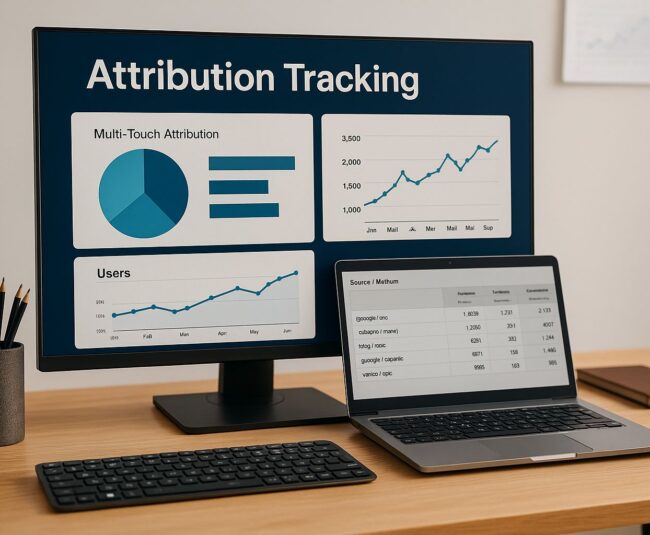 Modern workspace showing analytics dashboards and attribution tracking graphs on a computer screen, representing GA4 and multi-touch marketing data analysis for 2026.