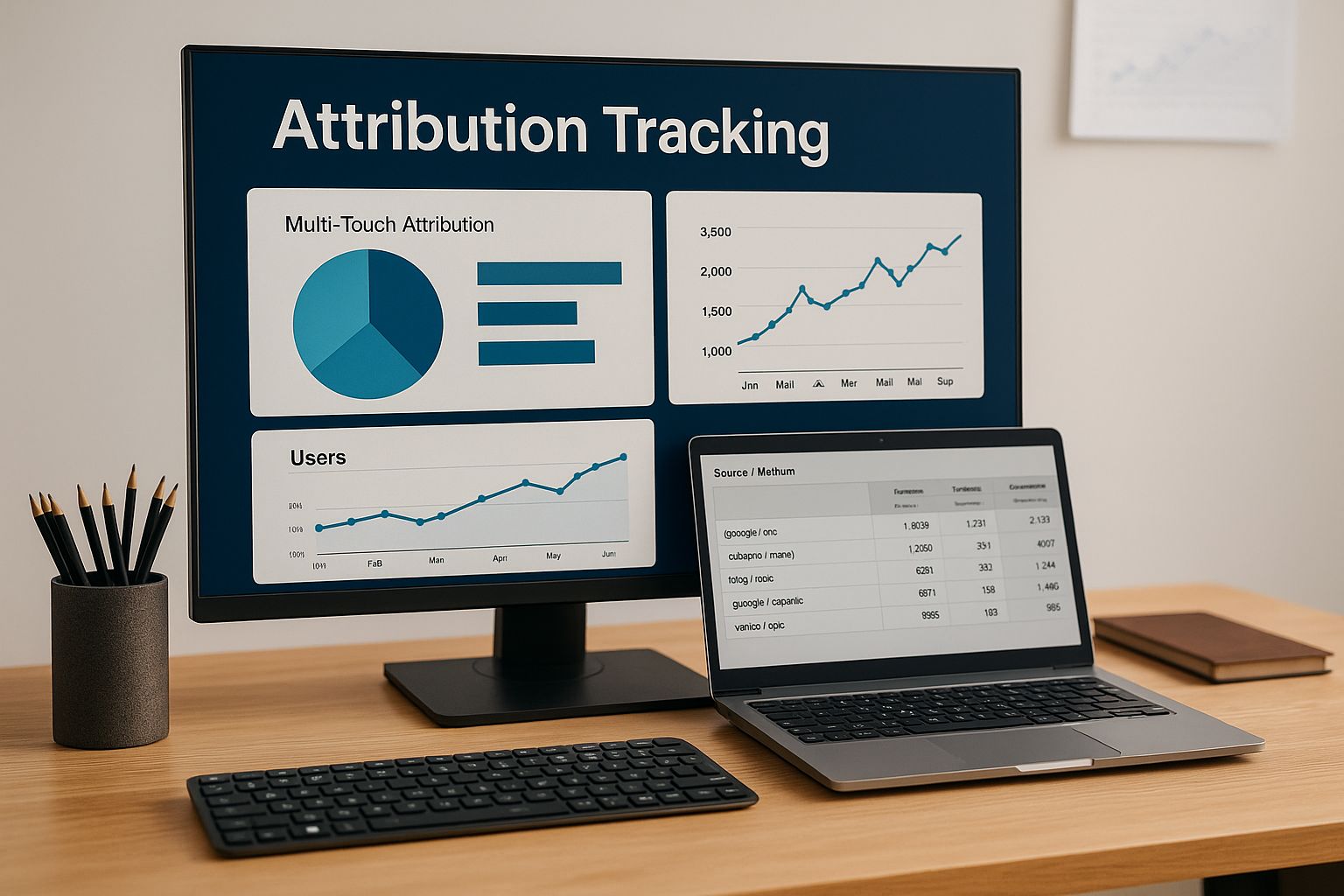 Modern workspace showing analytics dashboards and attribution tracking graphs on a computer screen, representing GA4 and multi-touch marketing data analysis for 2026.