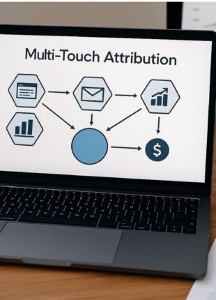 Modern workspace with laptop showing multi-touch attribution diagram and marketing analytics dashboards.