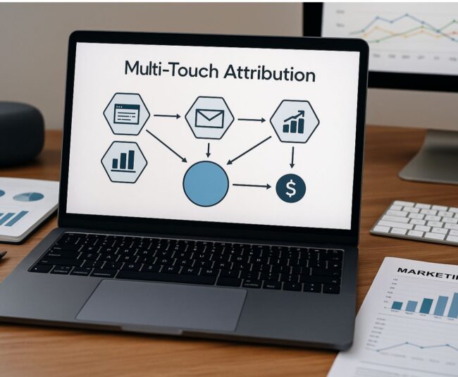 Modern workspace with laptop showing multi-touch attribution diagram and marketing analytics dashboards.