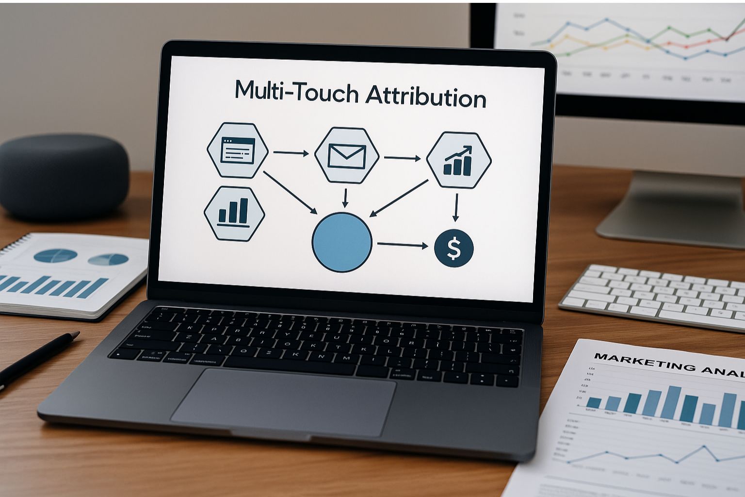 Modern workspace with laptop showing multi-touch attribution diagram and marketing analytics dashboards.