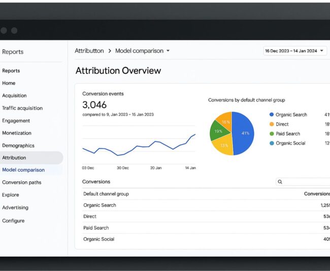 GA4 Attribution Model Comparison dashboard showing conversion events and channel group performance.