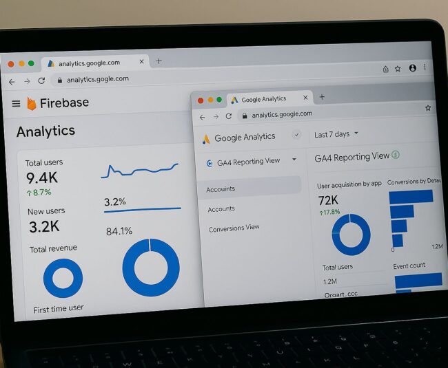 GA4 and Firebase dashboards showing app analytics, conversions, and attribution data side by side.