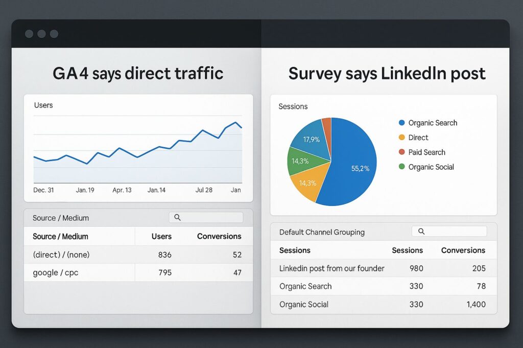Split-screen marketing dashboard comparing GA4 attribution showing direct traffic with declared intent survey showing LinkedIn post as the true source.