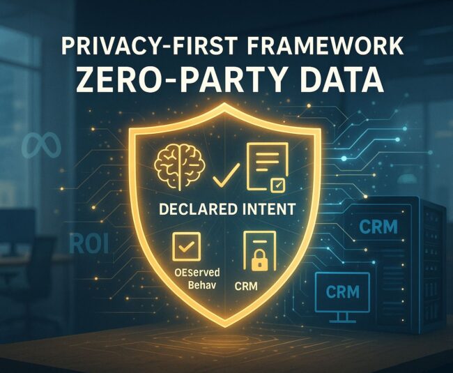 Privacy-first framework illustration showing a glowing shield and zero-party data elements in a modern analytics office background.