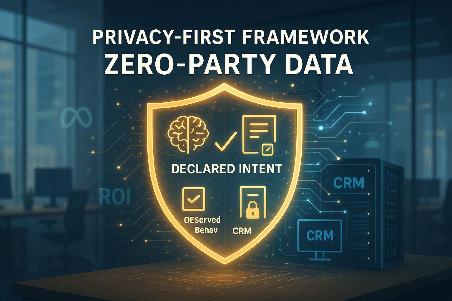 Privacy-first framework illustration showing a glowing shield and zero-party data elements in a modern analytics office background.